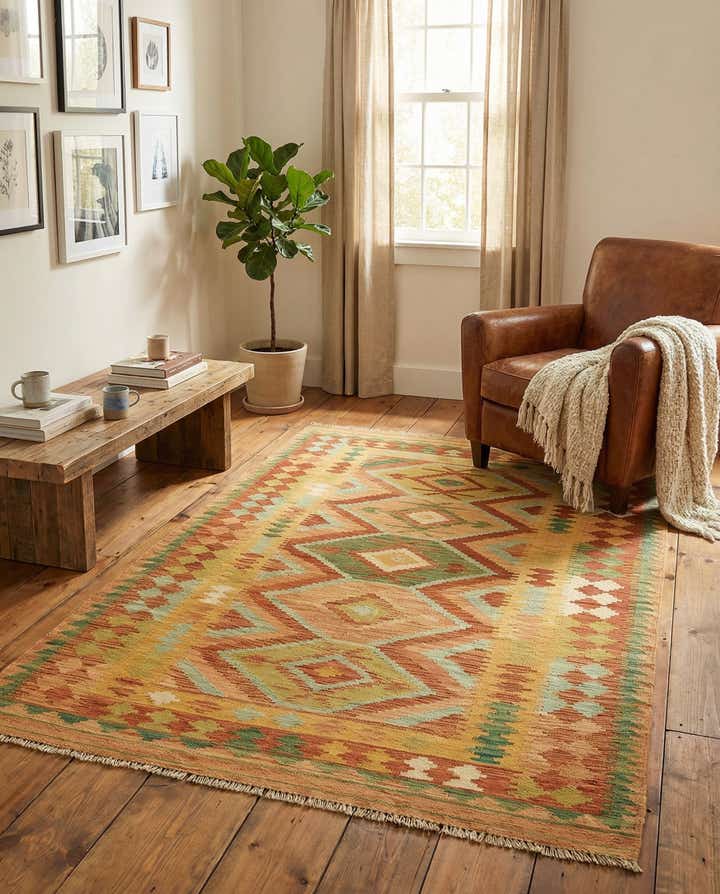 3' 8 x 6' 3 Hand Woven Kilim Waziri Wool Rug