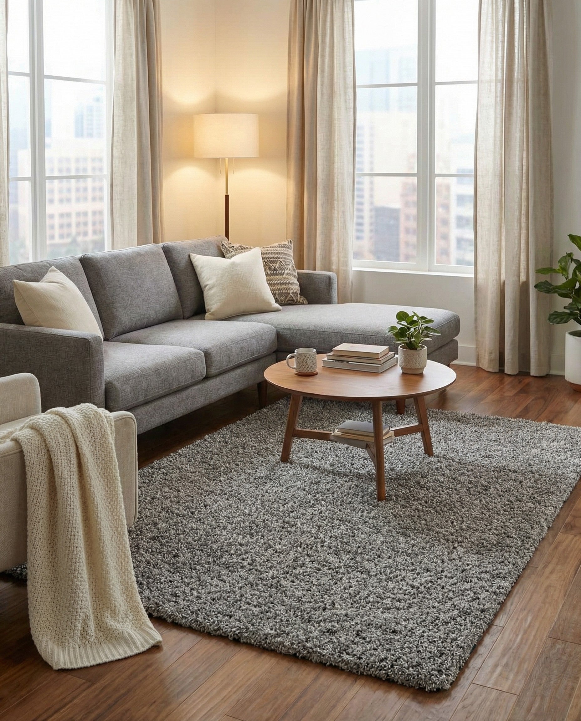 A 3x5 rectangular gray shag rug with a textured pile, ideal for adding modern comfort to any indoor space.