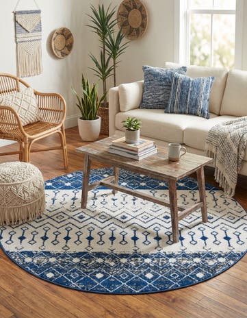 Ivory Navy Blue Moroccan Trellis Round Rug