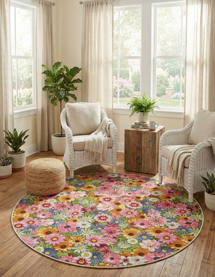 Detail image of  5' x 5'  Washable Botanical Indoor / Outdoor Round Rug