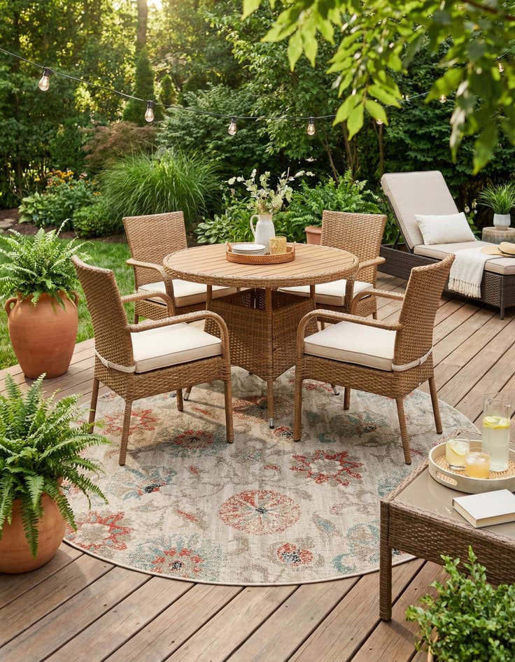 Detail image of 7' 10 x 7' 10  Washable Botanical Indoor / Outdoor Round Rug