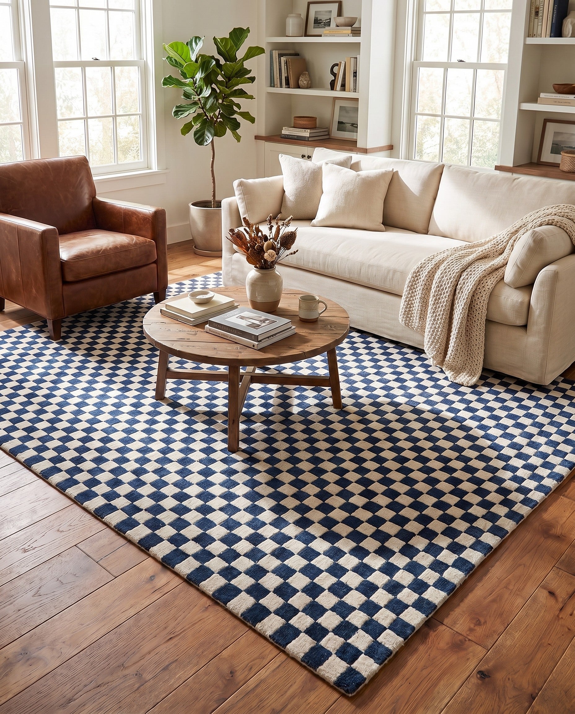 Blue and White Hand Tufted Wool Square Rug