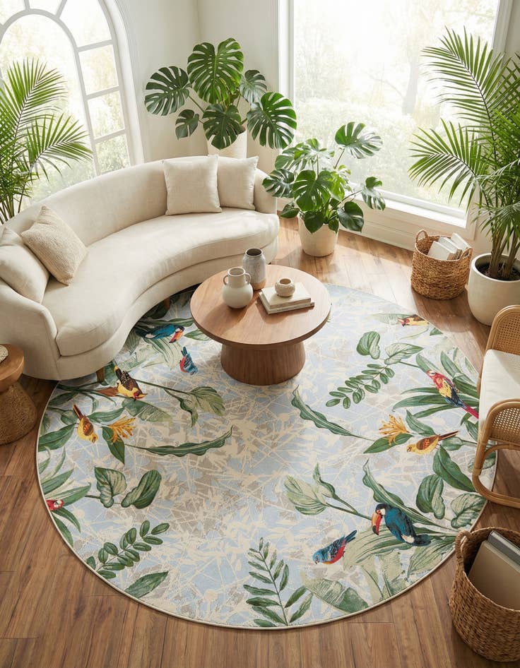 Detail image of  12' x 12'  Washable Botanical Indoor / Outdoor Round Rug