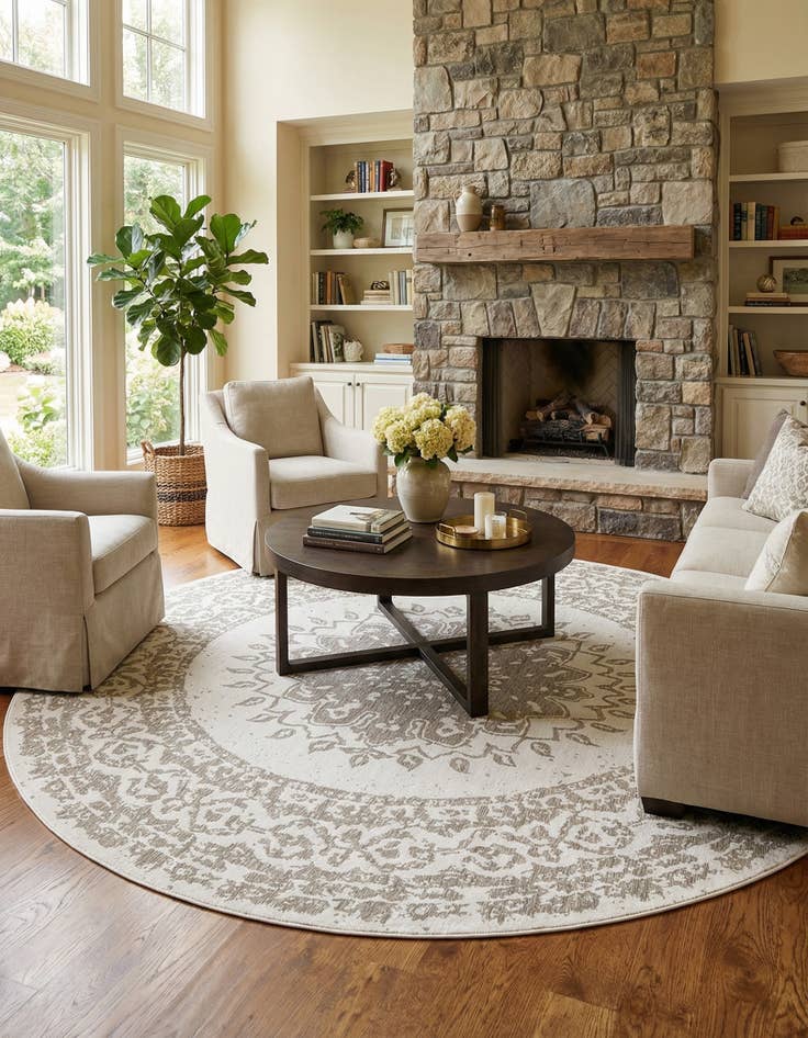Detail image of 13' x 13' Easy-Clean Traditional Indoor / Outdoor Round Rug