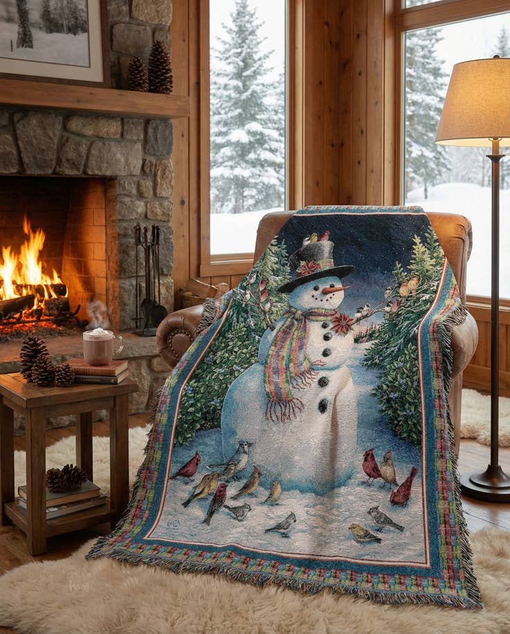 Detail image of 4' 6 x 6' Plaid Snowman Throw Blanket