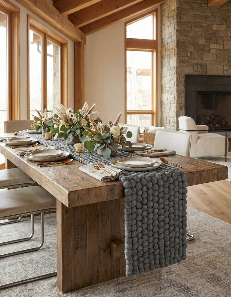 Detail image of 1' 2 x 8'  Hand Woven Felt Ball Wool Table Runner Rug