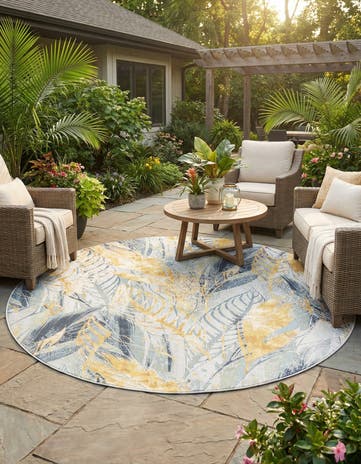 Gray Ivory Yellow Easy-Clean Botanical Indoor / Outdoor Round Rug