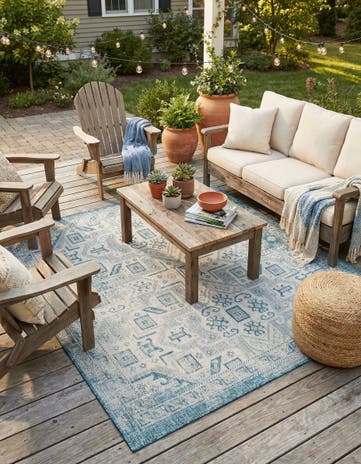 Teal Easy-Clean Aztec Indoor / Outdoor Square Rug
