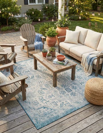 Teal Easy-Clean Aztec Indoor / Outdoor Square Rug