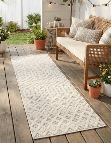 Ivory Easy-Clean Trellis Textured Indoor / Outdoor Runner Rug