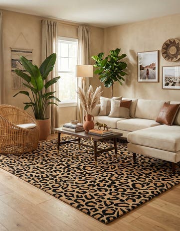 Beige and Black Hand Tufted Safari Wool Square Rug