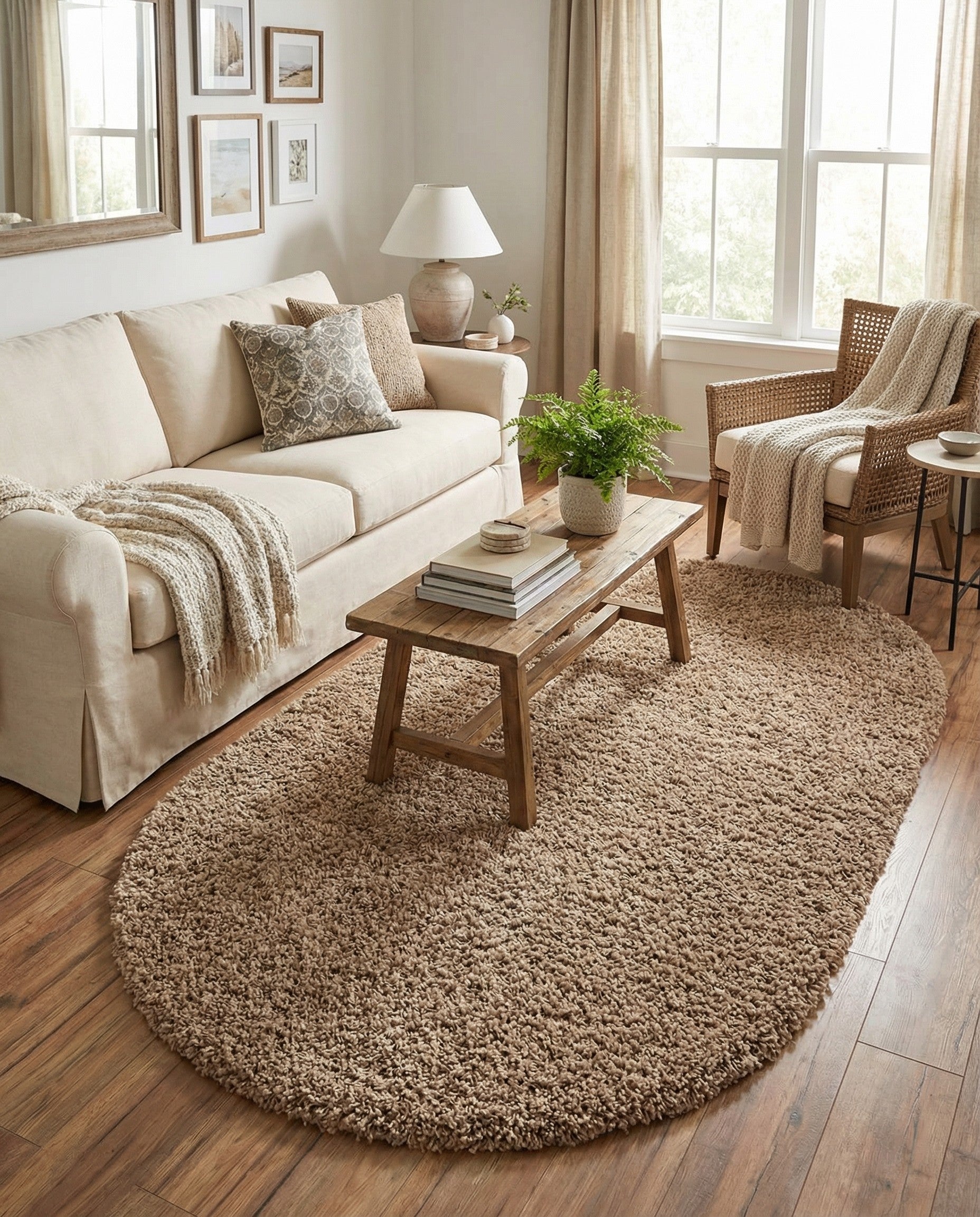 A soft, plush 5' 3 x 8' 0 oval shag rug in a warm brown color, perfect for adding cozy texture to any indoor space.