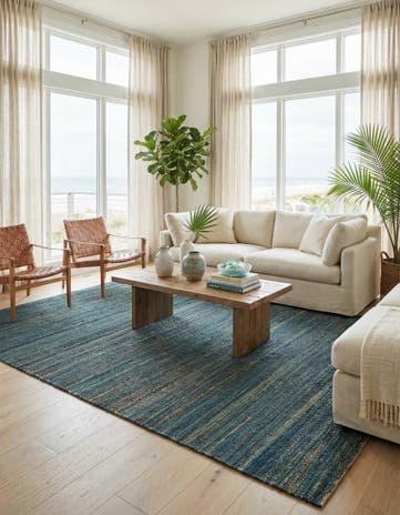 Ocean Blue Hand Woven Palm Beach Jute Rug