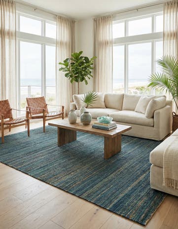 Ocean Blue Hand Woven Palm Beach Jute Rug