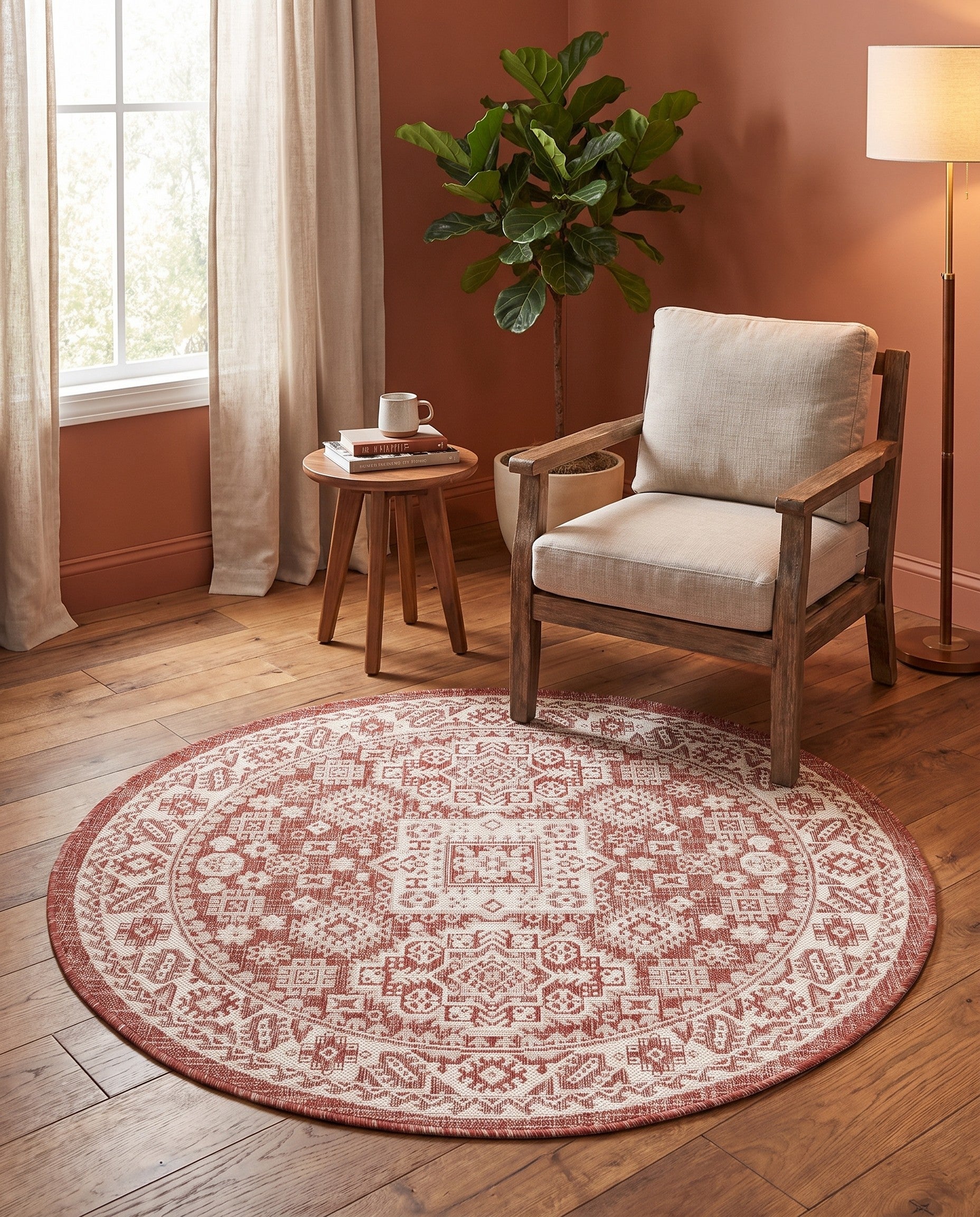 4' x 4' Easy-Clean Aztec Indoor / Outdoor Round Rug
