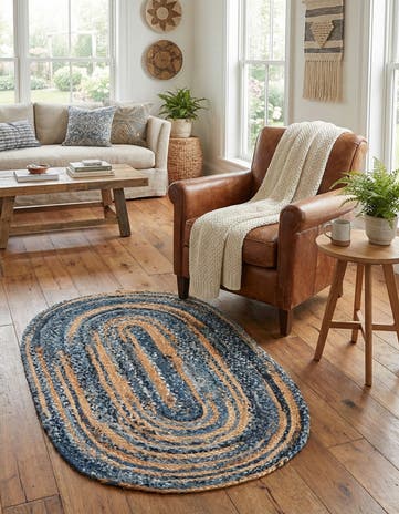 Blue and Natural Handmade Braided Chindi Oval Rug