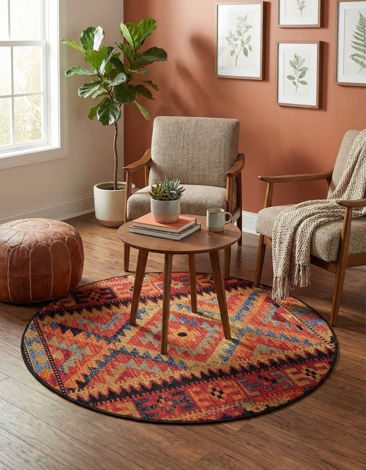 Detail image of 3' x 3'  Washable Tribal Indoor / Outdoor Round Rug