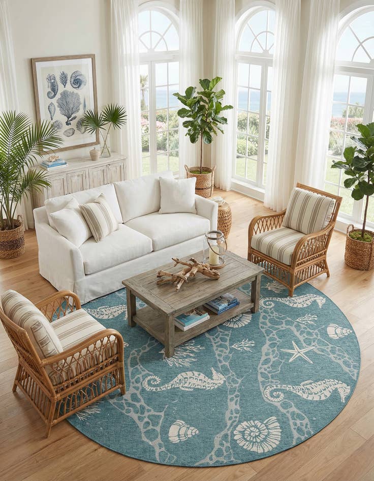 Detail image of 12' x 12'  Washable Coastal Indoor / Outdoor Round Rug