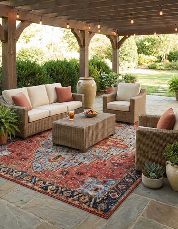Rust Red and Blue Easy-Clean Traditional Indoor / Outdoor Rug