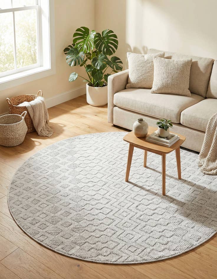Detail image of 5' 3 x 5' 3  Washable Trellis Textured Indoor / Outdoor Round Rug