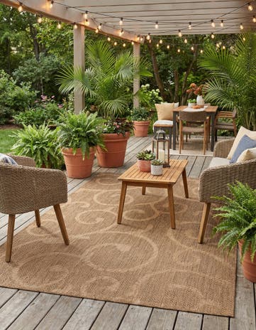 Brown Easy-Clean Botanical Indoor / Outdoor Rug