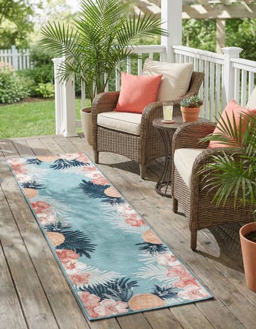 Blue Easy-Clean Botanical Indoor / Outdoor Runner Rug
