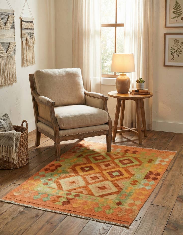 Detail image of 3' 2 x 4' 10  Hand Woven Kilim Waziri Wool Rug