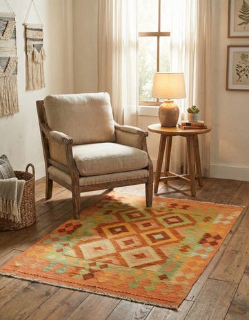 3' 2 x 4' 10 Hand Woven Kilim Waziri Wool Rug