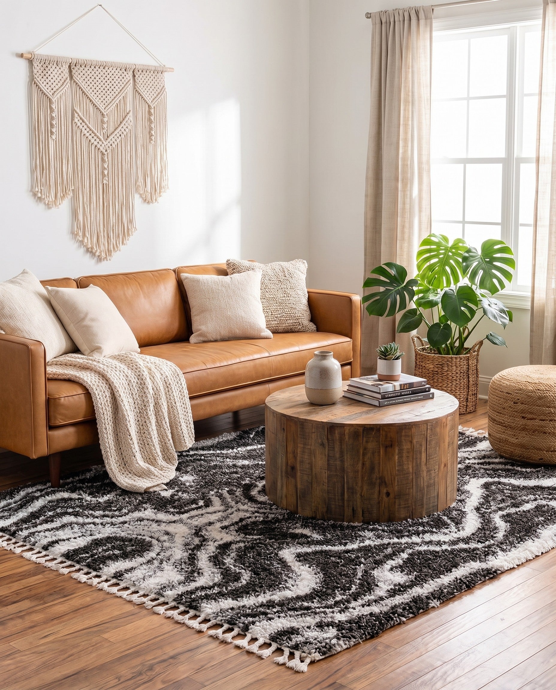 Black and White Athena Shag Square Rug