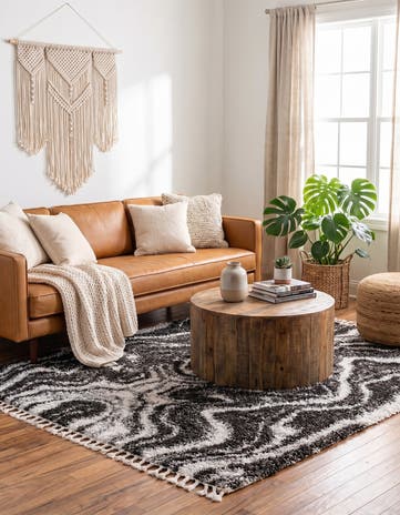 Black and White Athena Shag Square Rug