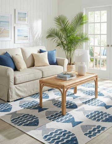 Navy Blue Easy-Clean Coastal Indoor / Outdoor Square Rug