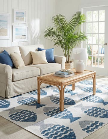 Navy Blue Easy-Clean Coastal Indoor / Outdoor Square Rug