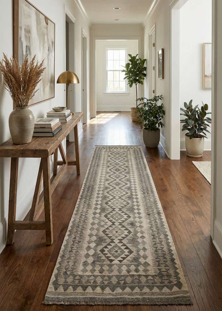 2' 9 x 9' 6 Hand Woven Kilim Maymana Wool Runner Rug