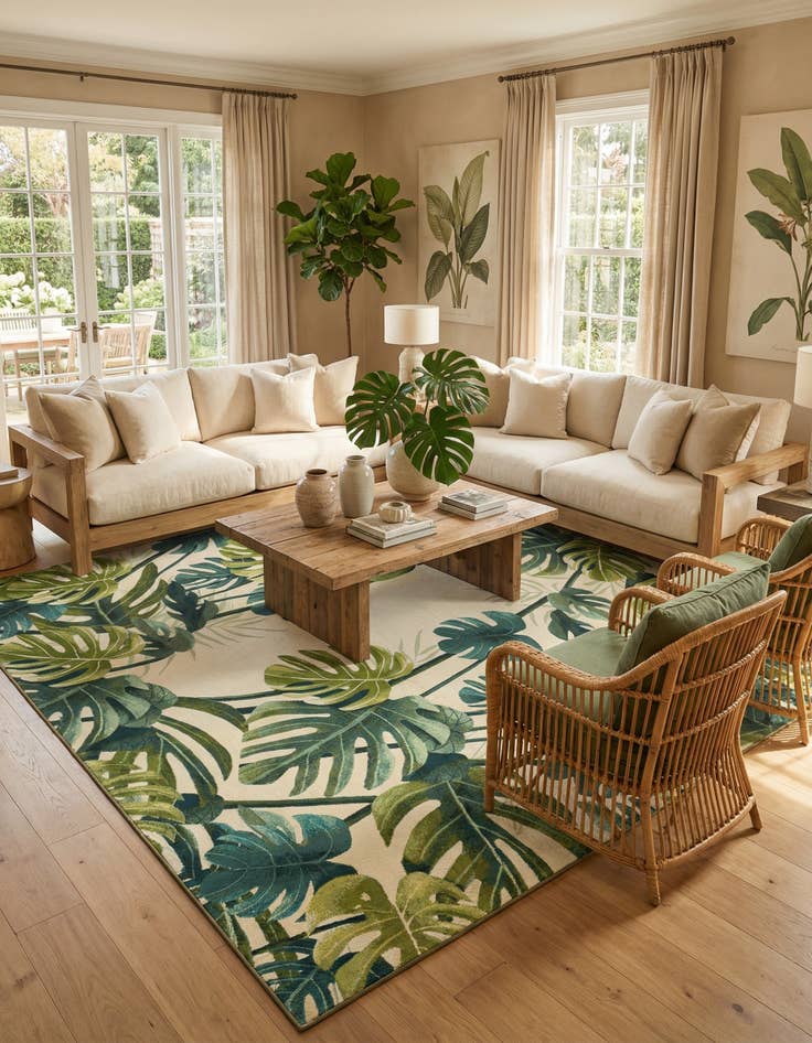 Detail image of 12' x 12'  Washable Botanical Indoor / Outdoor Square Rug