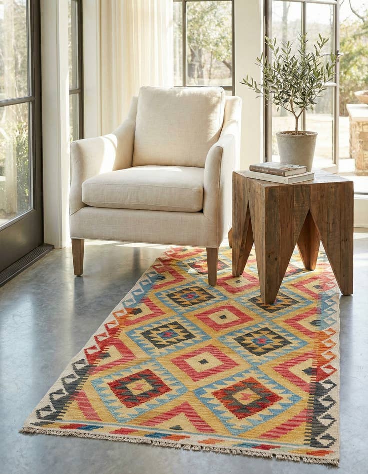 Detail image of 3' 5 x 6' 7  Hand Woven Kilim Maymana Wool Runner Rug