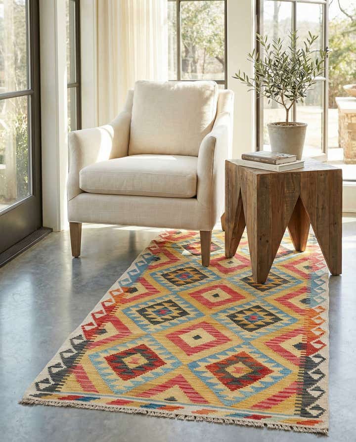 3' 5 x 6' 7 Hand Woven Kilim Maymana Wool Runner Rug