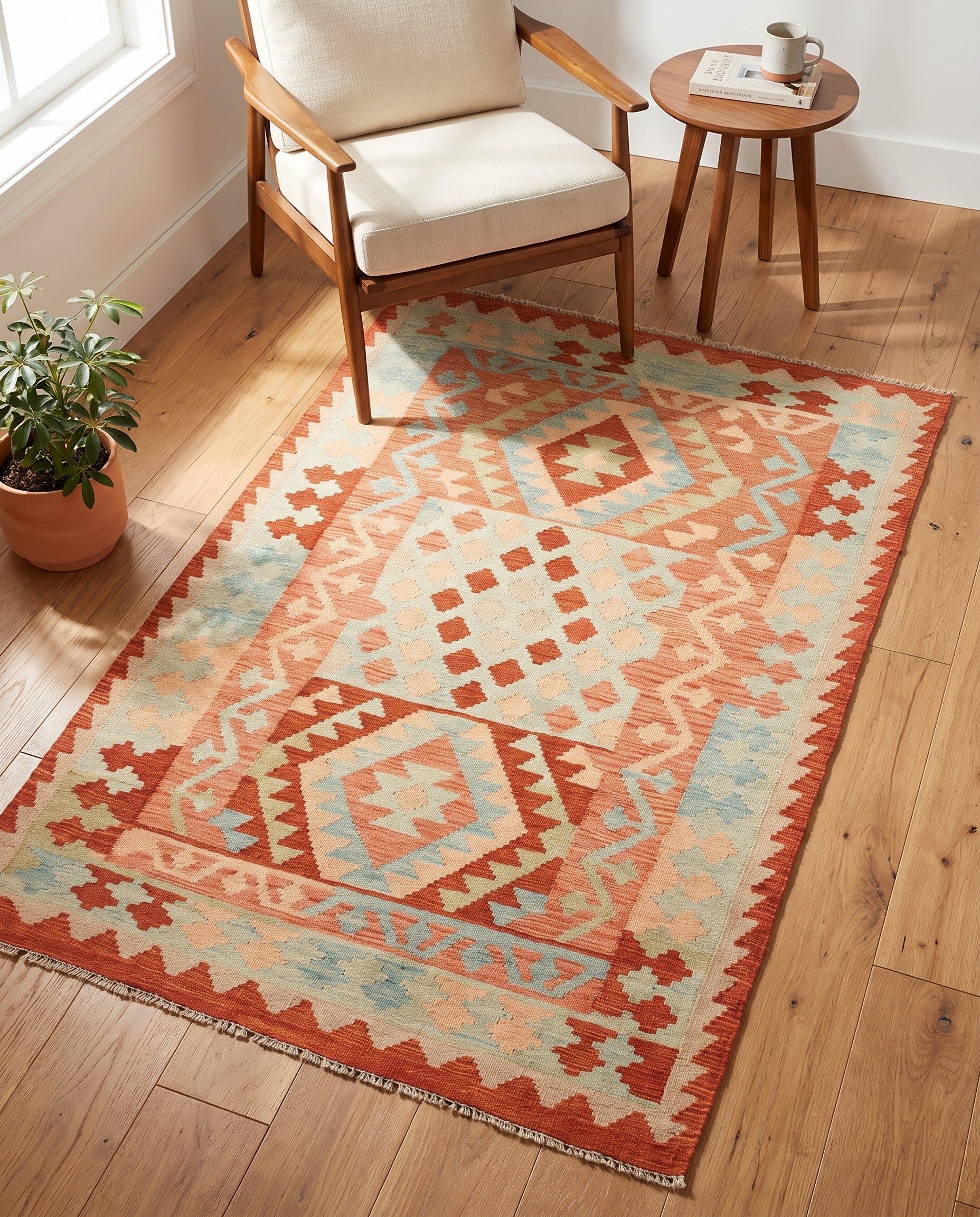 3' 4 x 5' 2 Hand Woven Kilim Waziri Wool Rug
