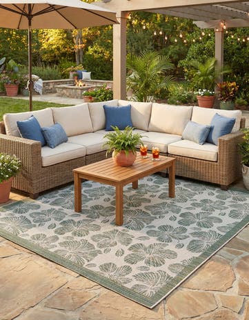 Ivory and Beige Easy-Clean Baja Indoor / Outdoor Square Rug