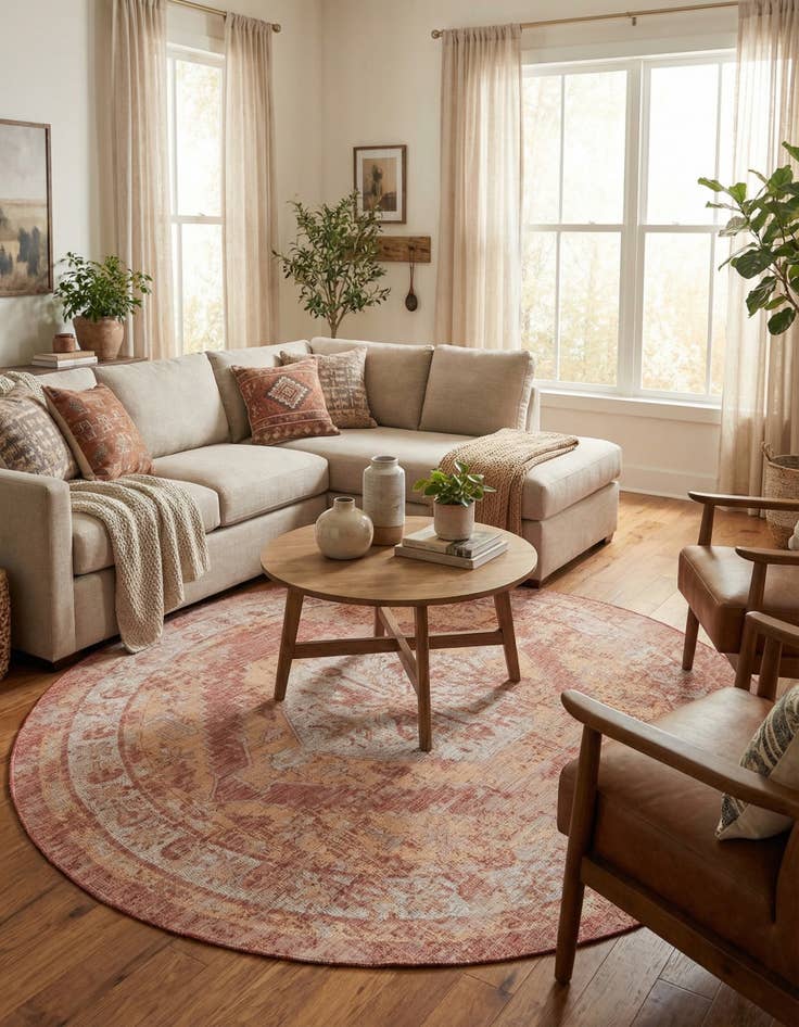 Detail image of 10' x 10' Easy-Clean Traditional Indoor / Outdoor Round Rug