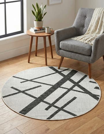 Black and White Easy-Clean Modern Indoor / Outdoor Round Rug