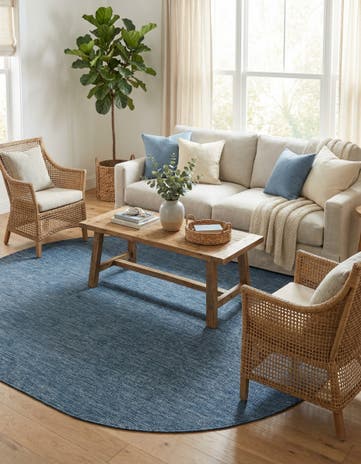 Blue Easy-Clean Solid Indoor / Outdoor Oval Rug