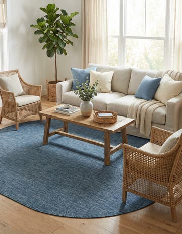 Blue Easy-Clean Solid Indoor / Outdoor Oval Rug