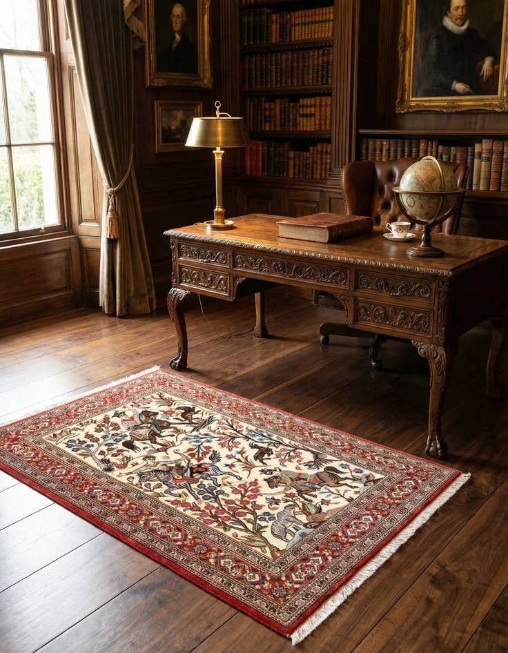 Detail image of  3' 5 x 5'  Hand Knotted Qom Persian Rug