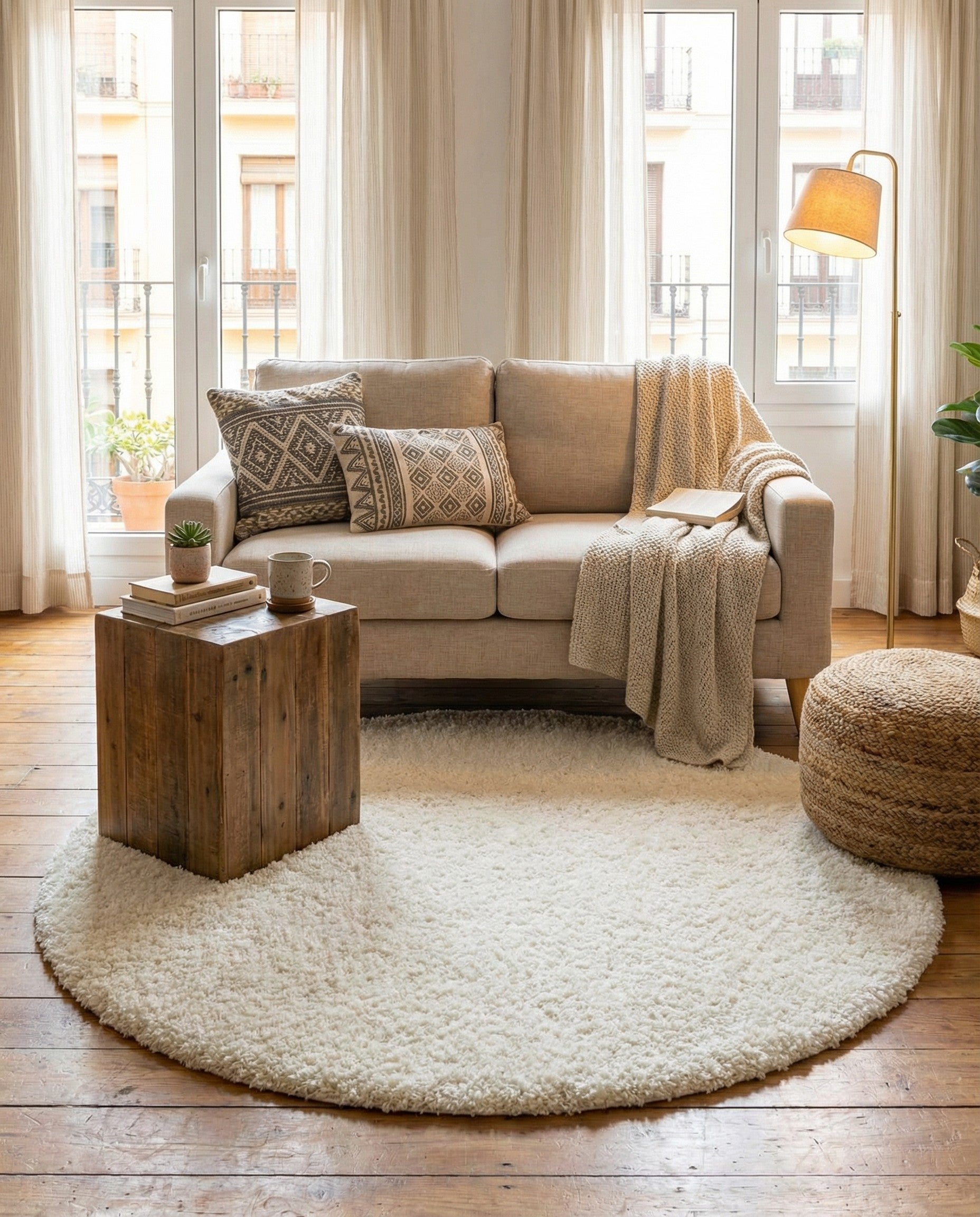 A 4' round white shag rug made of polypropylene, offering a soft, textured surface for any indoor space.