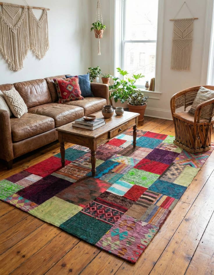 Detail image of  4' 3 x 6'  Hand Woven Kilim Patchwork Wool Rug