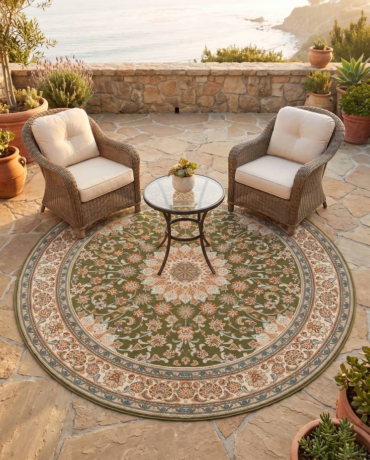 Detail image of 7' 10 x 7' 10 Easy-Clean Traditional Indoor / Outdoor Round Rug