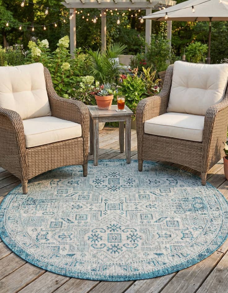 Detail image of 5' 3 x 5' 3  Washable Aztec Indoor / Outdoor Round Rug