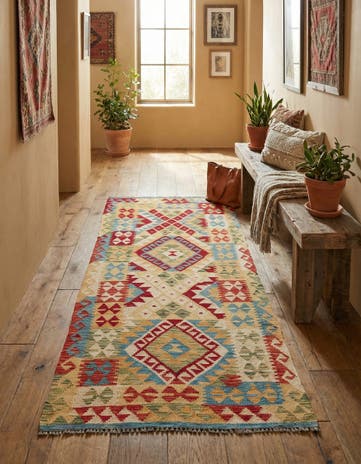 3' 4 x 6' 10 Hand Woven Kilim Maymana Wool Runner Rug