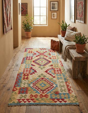 3' 4 x 6' 10 Hand Woven Kilim Maymana Wool Runner Rug
