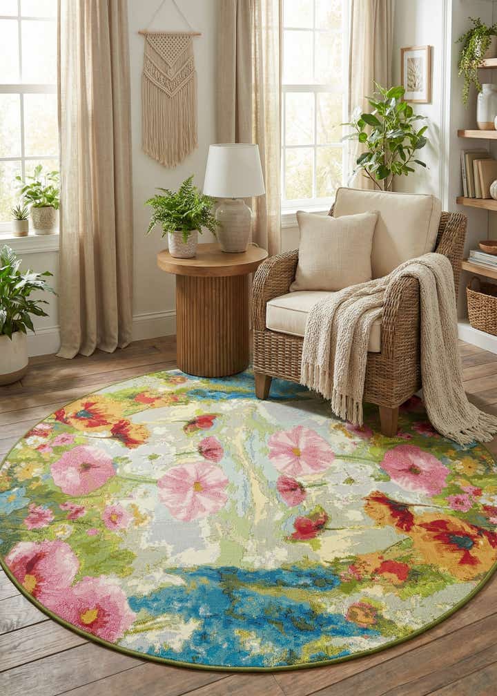 5' x 5' Easy-Clean Botanical Indoor / Outdoor Round Rug